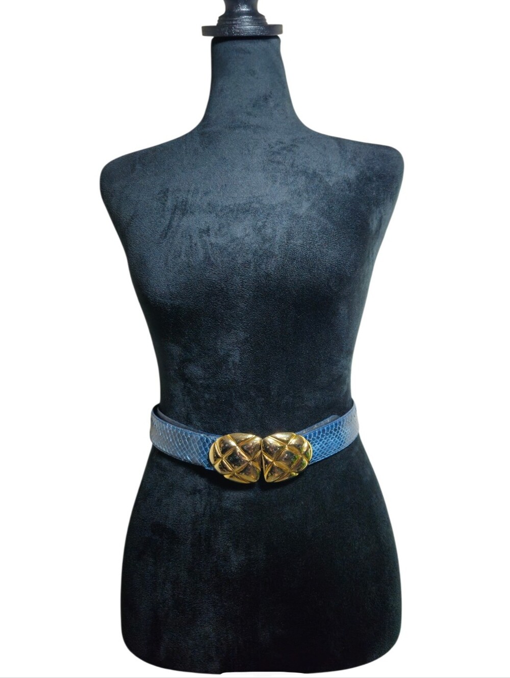 Vintage Amanda Smith Blue Snakeakin Leather Belt with Gold Knot Buckle Size M